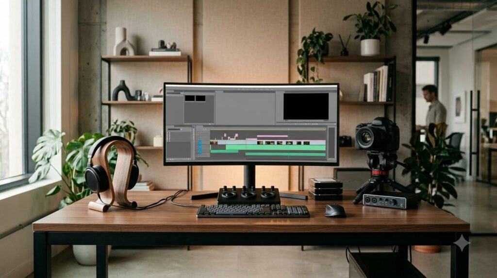 Content creator editing videos using AI-powered video software.